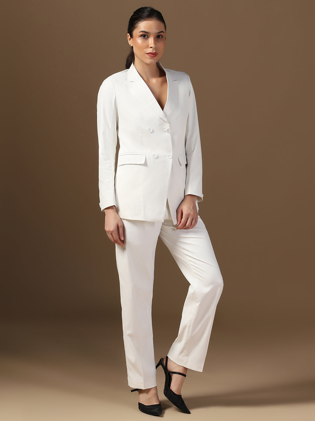 Women Off White Blazer And Trousers Suit Set - Tahvo India