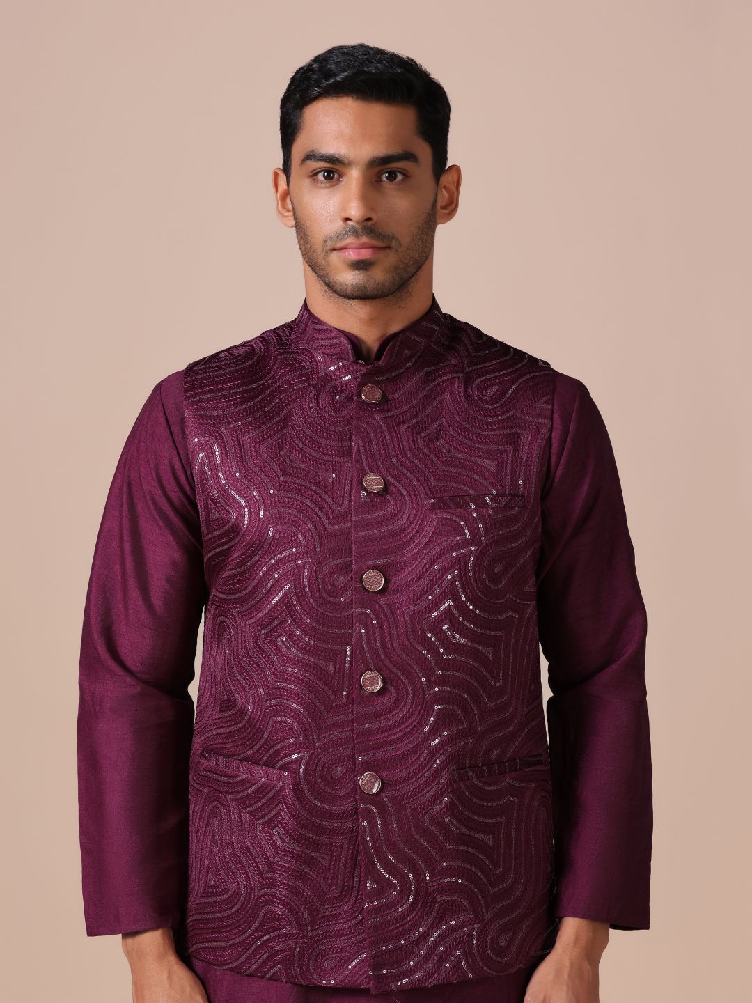 Heritage Wine Kurta Set with Textured Nehru Jacket