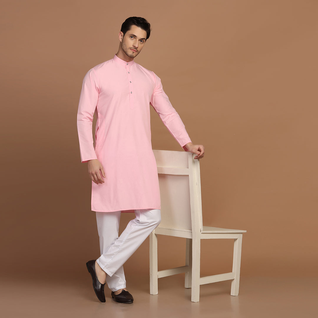 Men Solid Pink Kurta Set