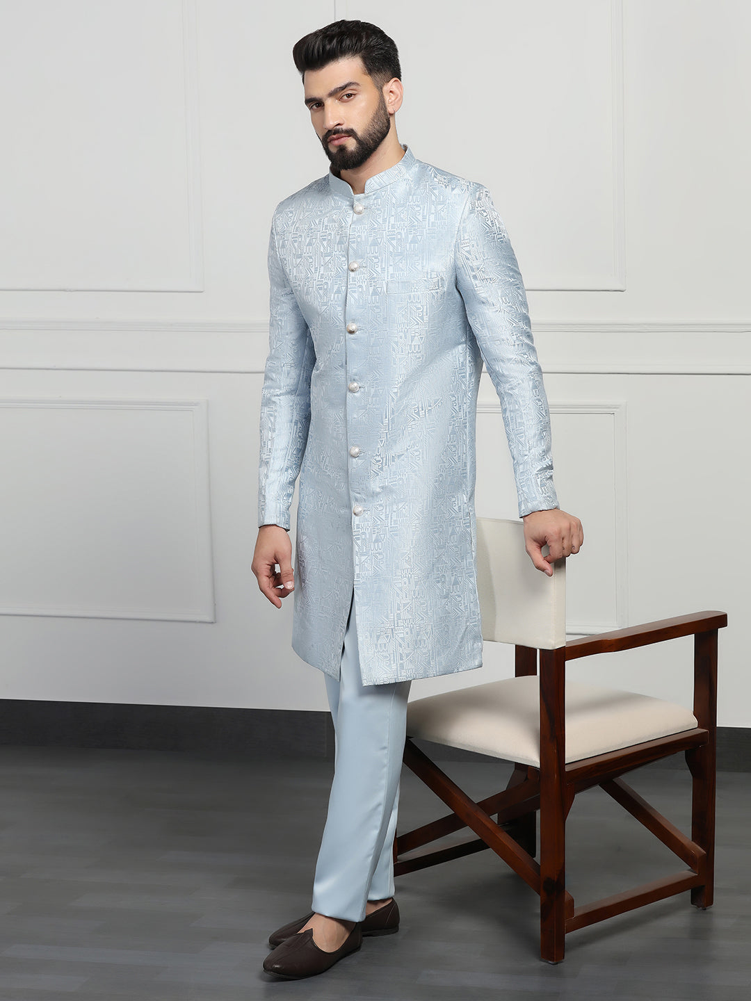 Men Sky Blue Sherwani - Tahvo India