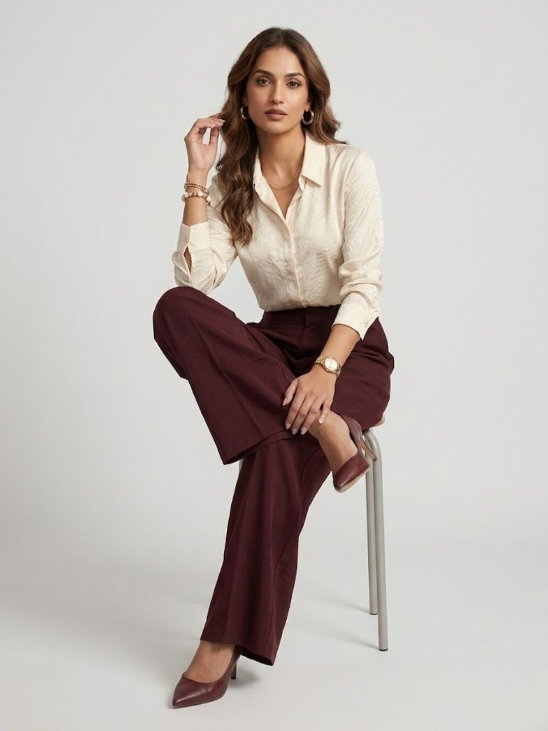 Maroon Wide Leg Trousers Relaxed Straight Leg