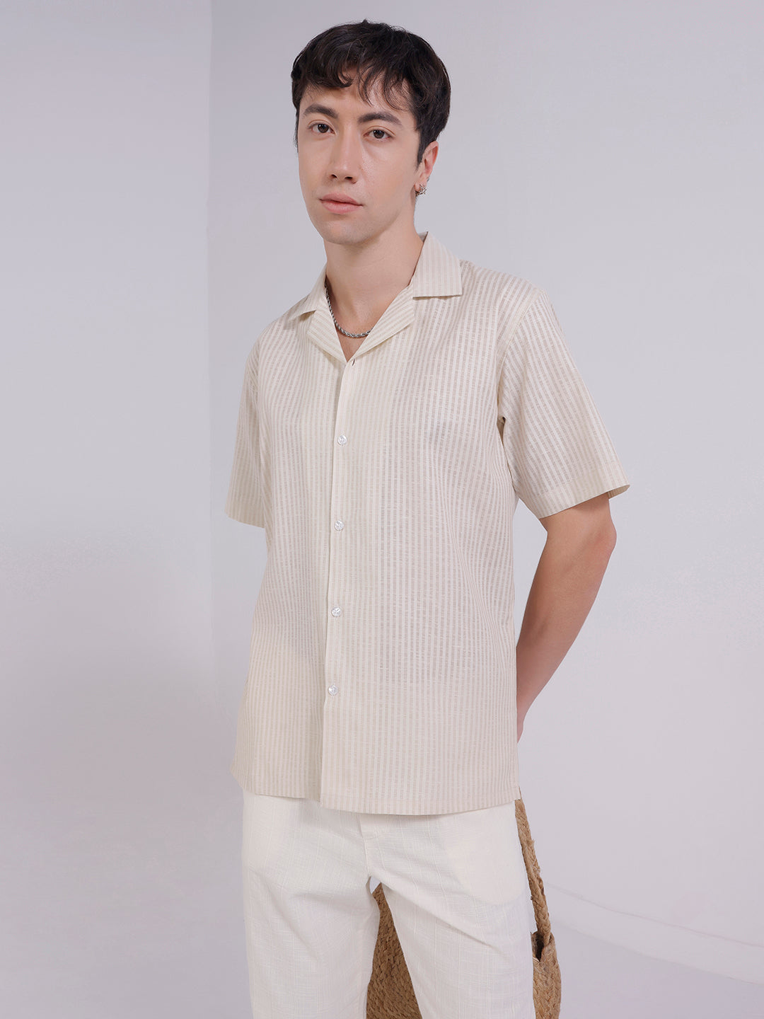 Men Beige Stripes Linen Shirt
