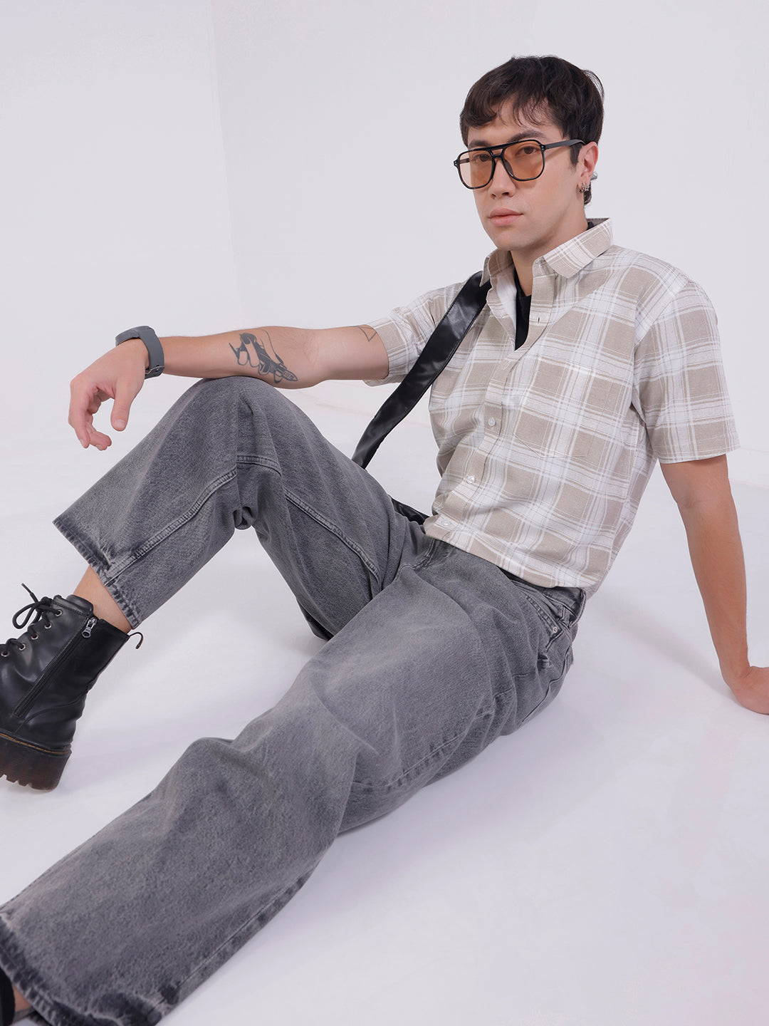 Men light brown check casual shirt