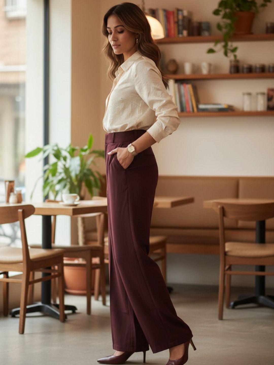 Maroon Wide Leg Trousers Relaxed Straight Leg