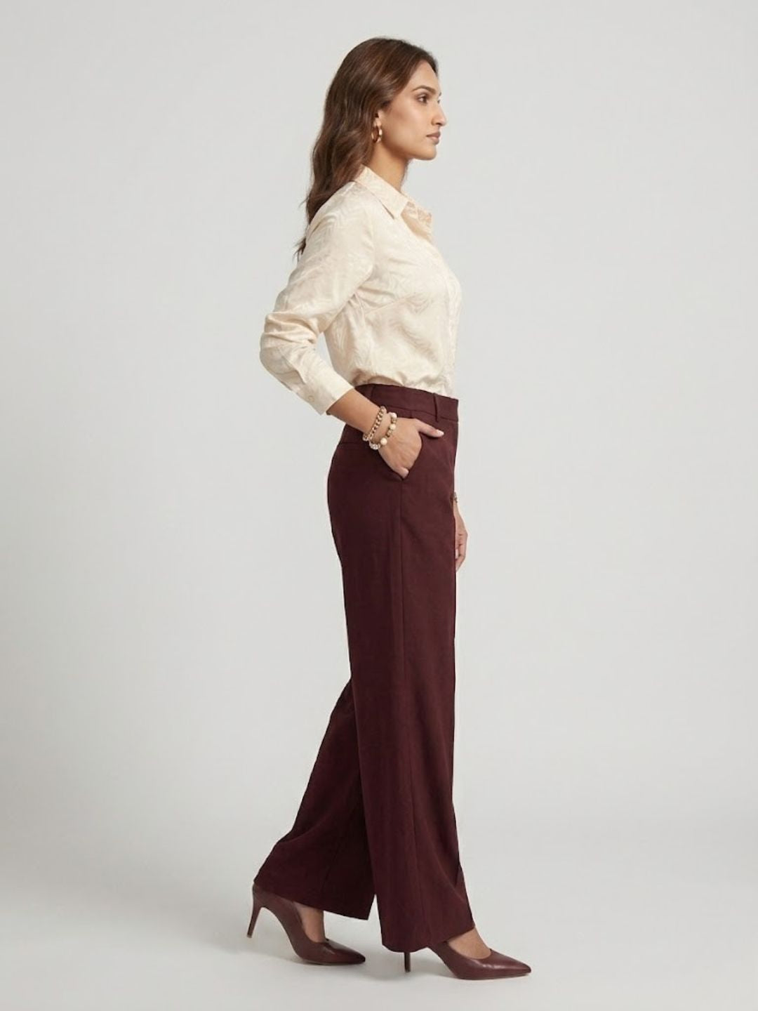 Maroon Wide Leg Trousers Relaxed Straight Leg