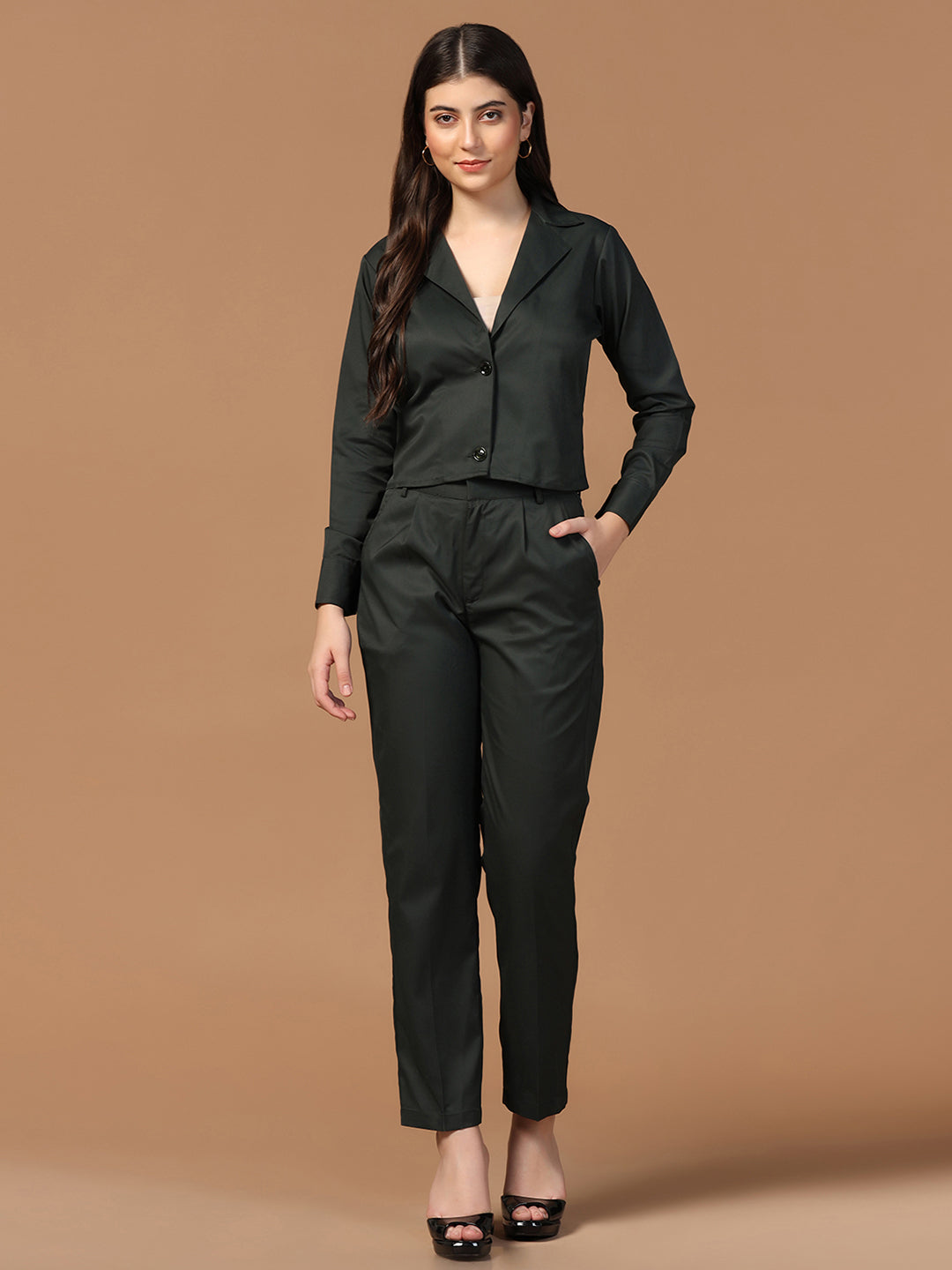 Lapel Collar Full Sleeve Crop Top & Trouser - Tahvo India