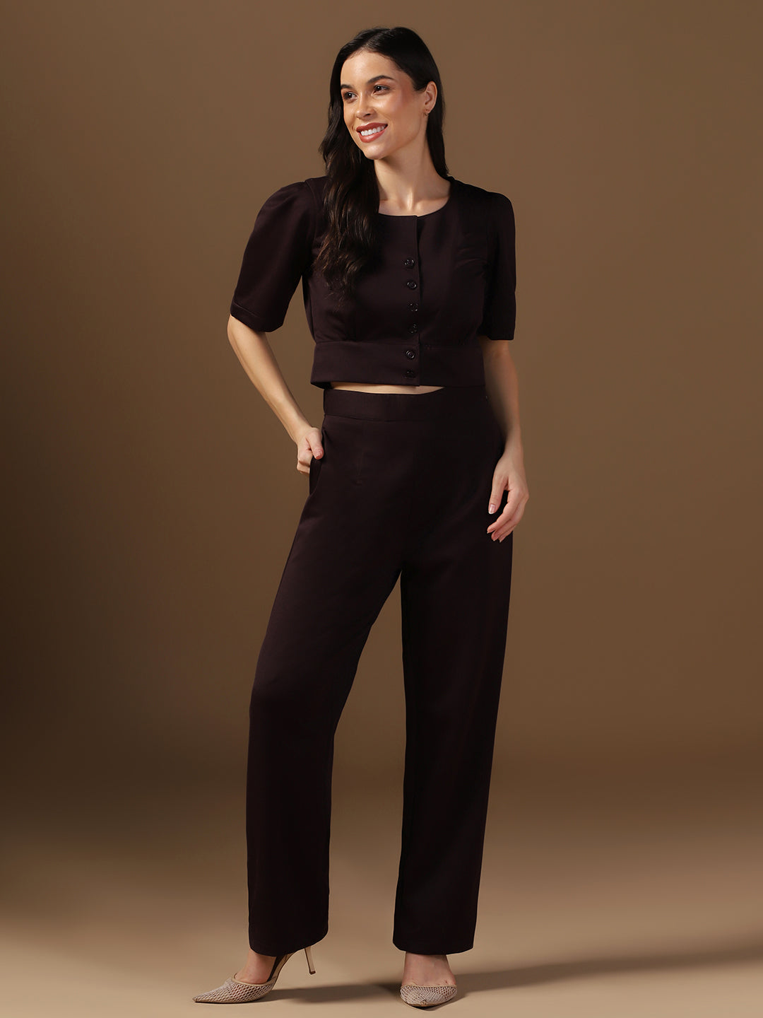 Wine Puff Sleeve Top And Trousers Co-Ords - Tahvo India