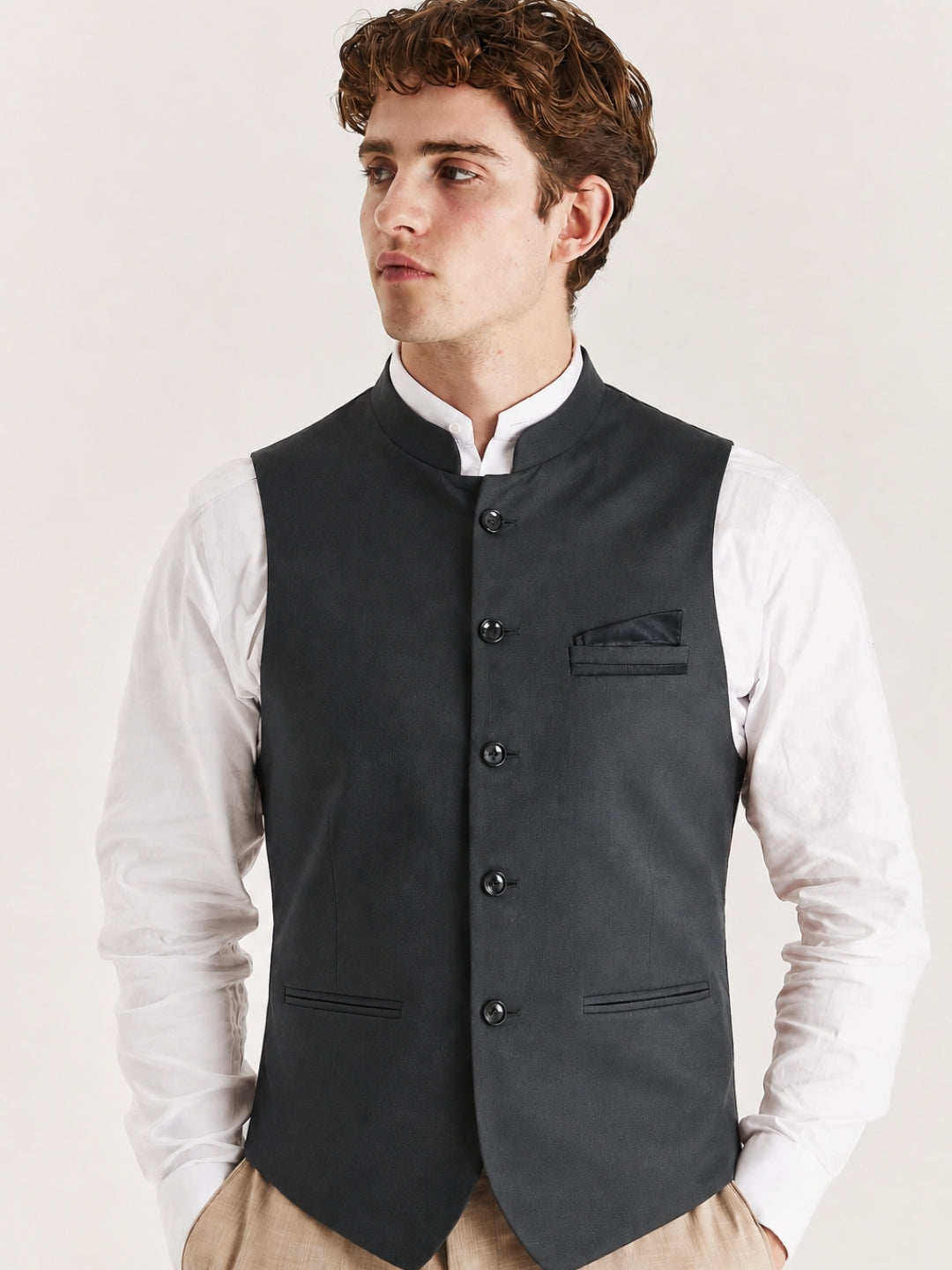Men Grey Solid Nehru Jacket With Hanky