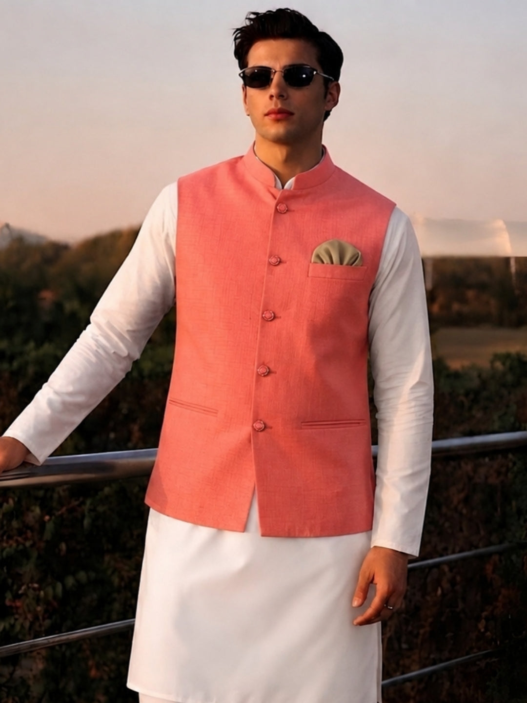 Men Peach 5 Button Nehru Jacket