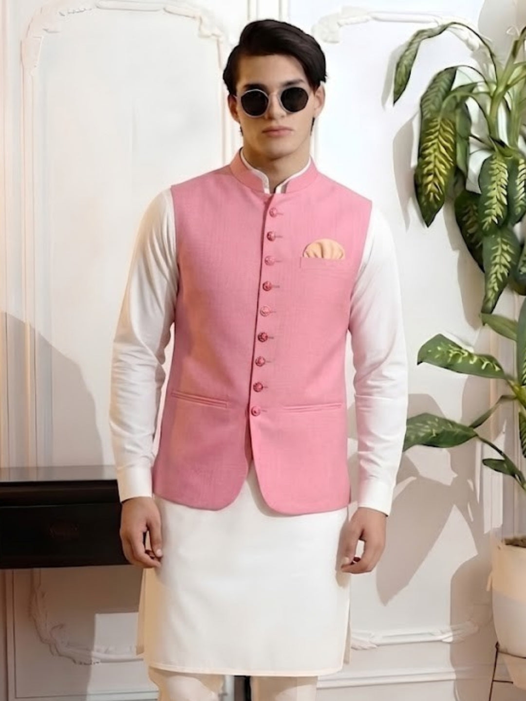 Men Pink 9 Button Nehru Jacket