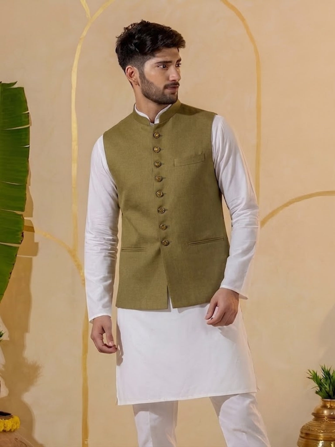 Men Green 9 Button Nehru Jacket