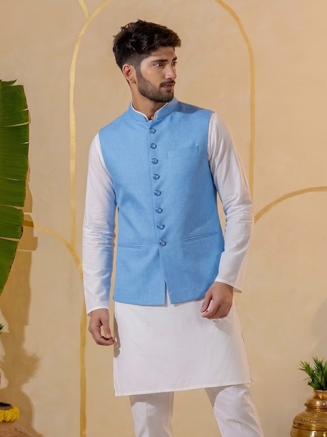 Men Blue 9 Button Nehru Jacket
