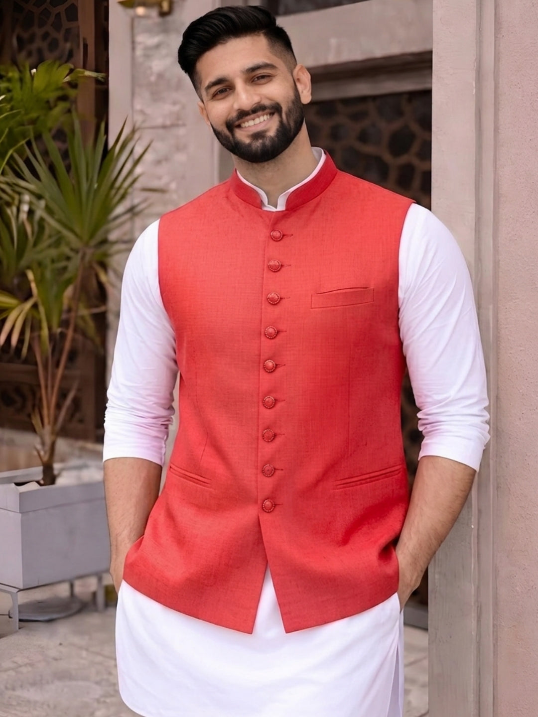 Men Red 9 Button Nehru Jacket