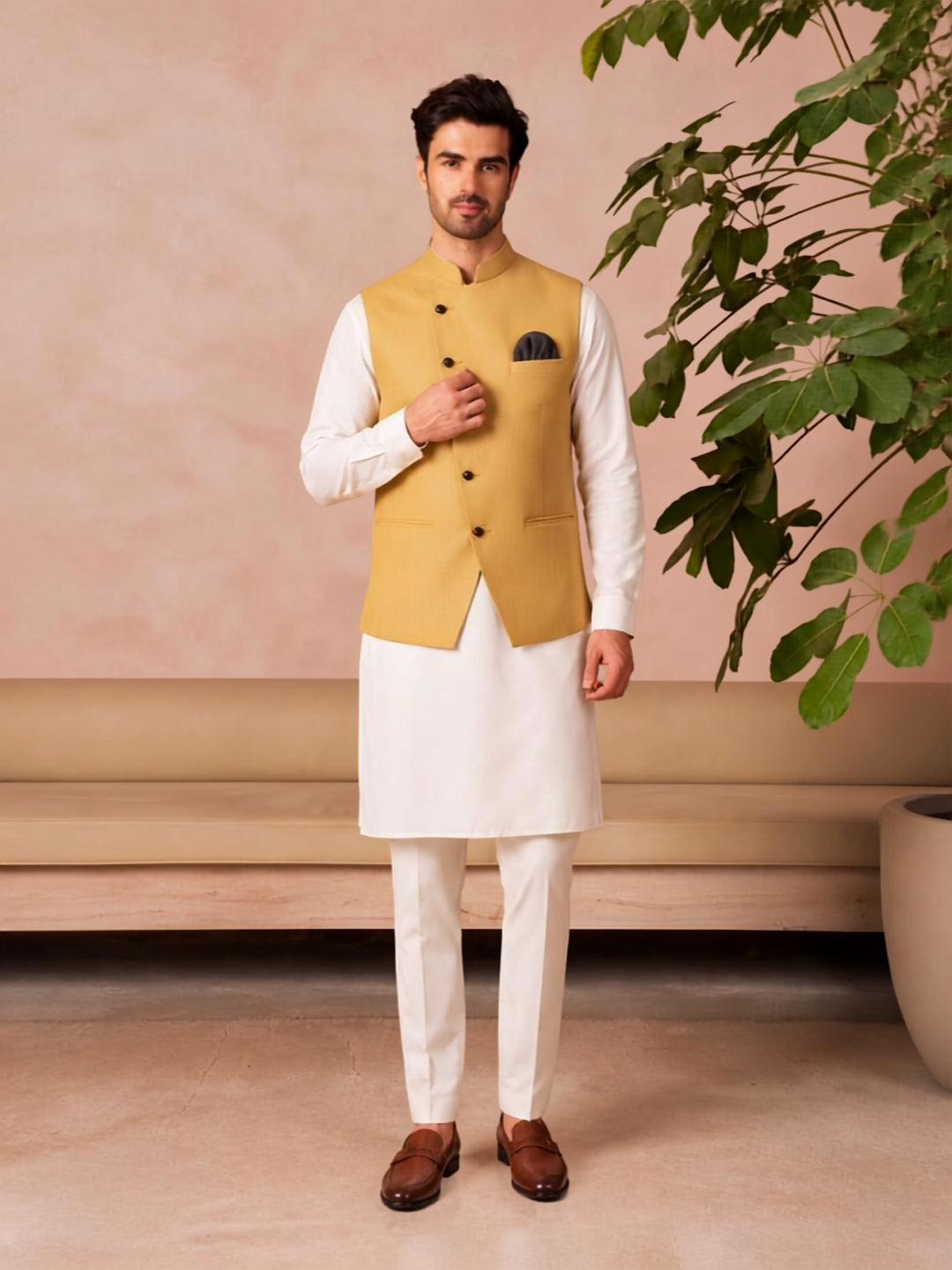 Men Kurta Set With golden Jacket