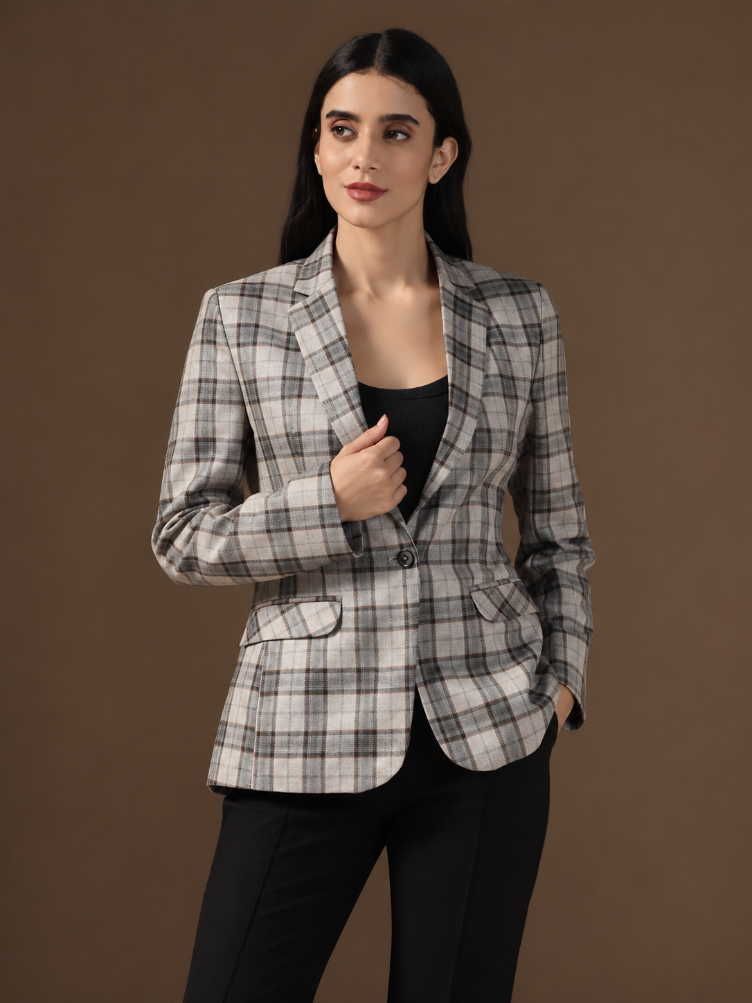 Women's Beige Tweed Checked Blazer