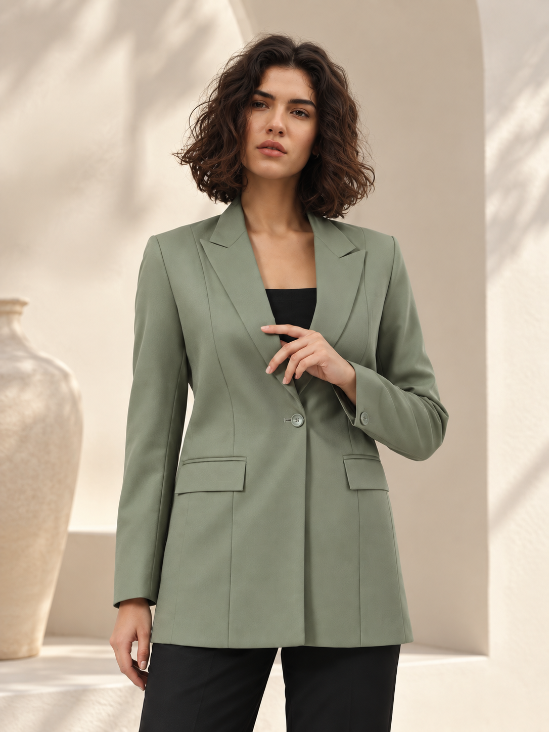 Women Light Green Long Blazer