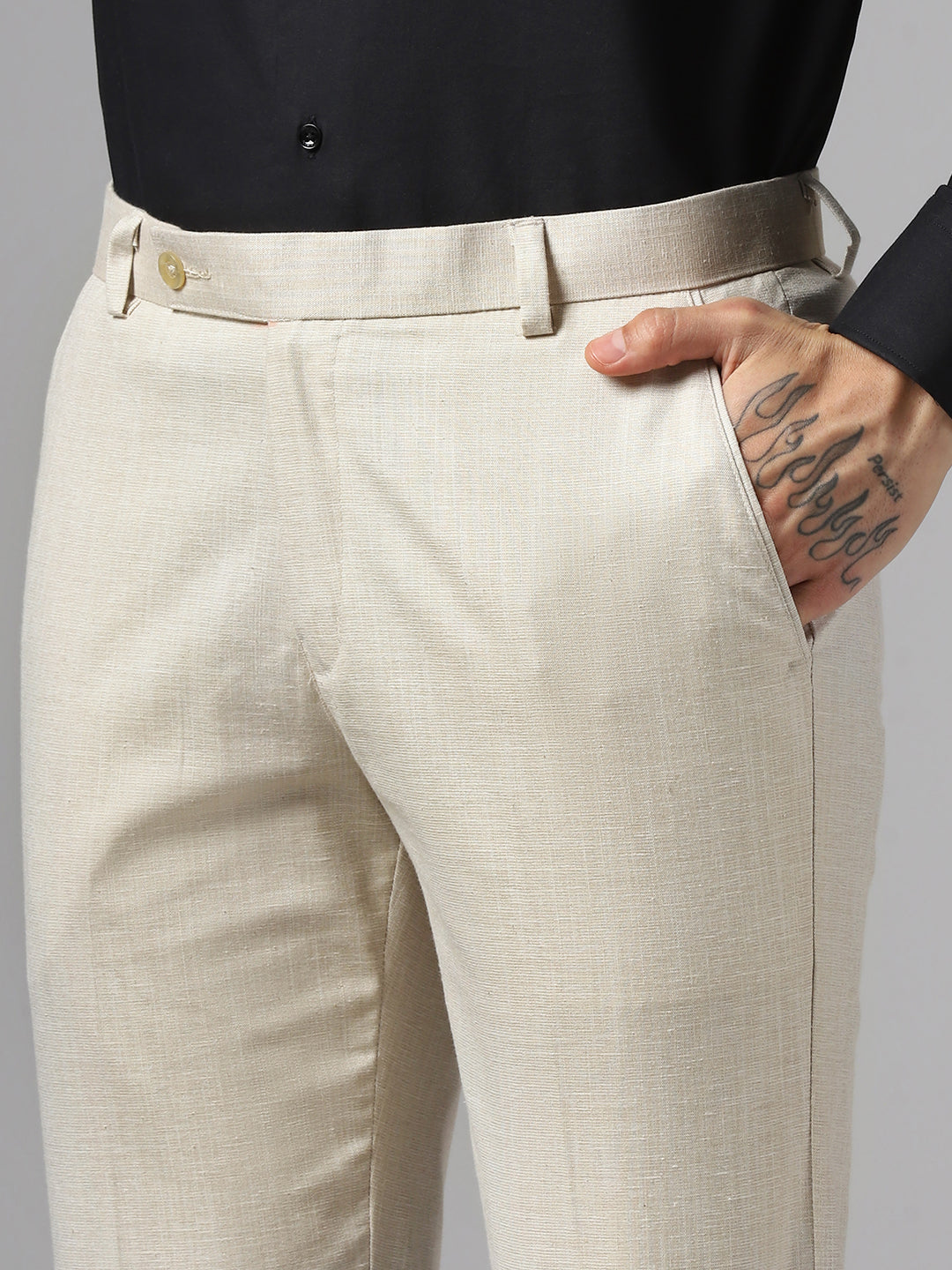 Men Beige Linen Trousers - Tahvo India