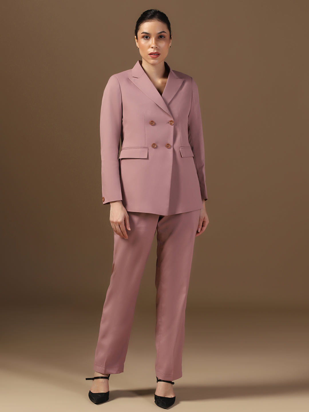 Women Rose Pink Blazer And Trousers Suit Set