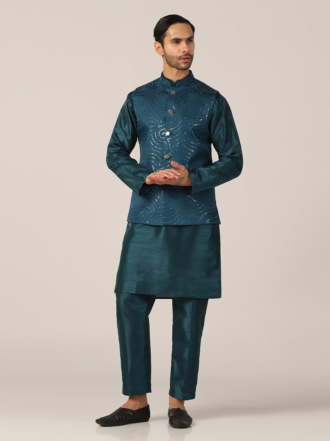 Ocean Teal Silk Kurta Set with Regal Jacket