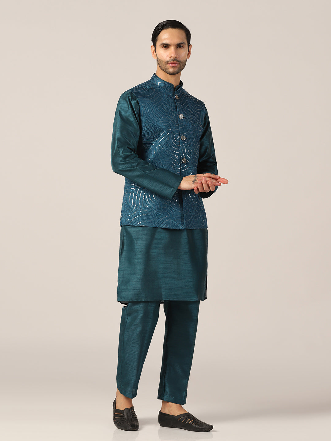 Ocean Teal Silk Kurta Set with Regal Jacket