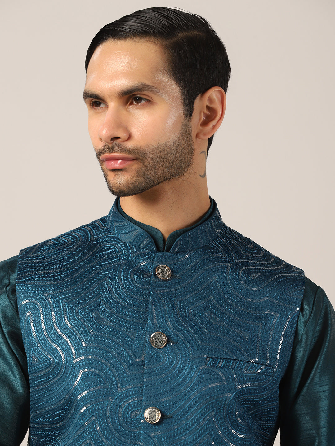 Ocean Teal Silk Kurta Set with Regal Jacket