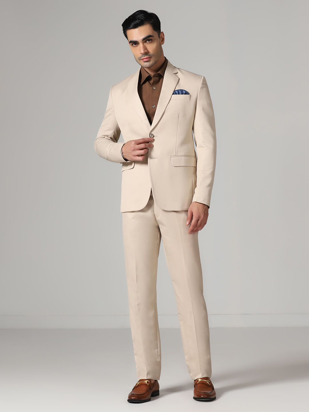 Men Beige Notched Lapel Suit