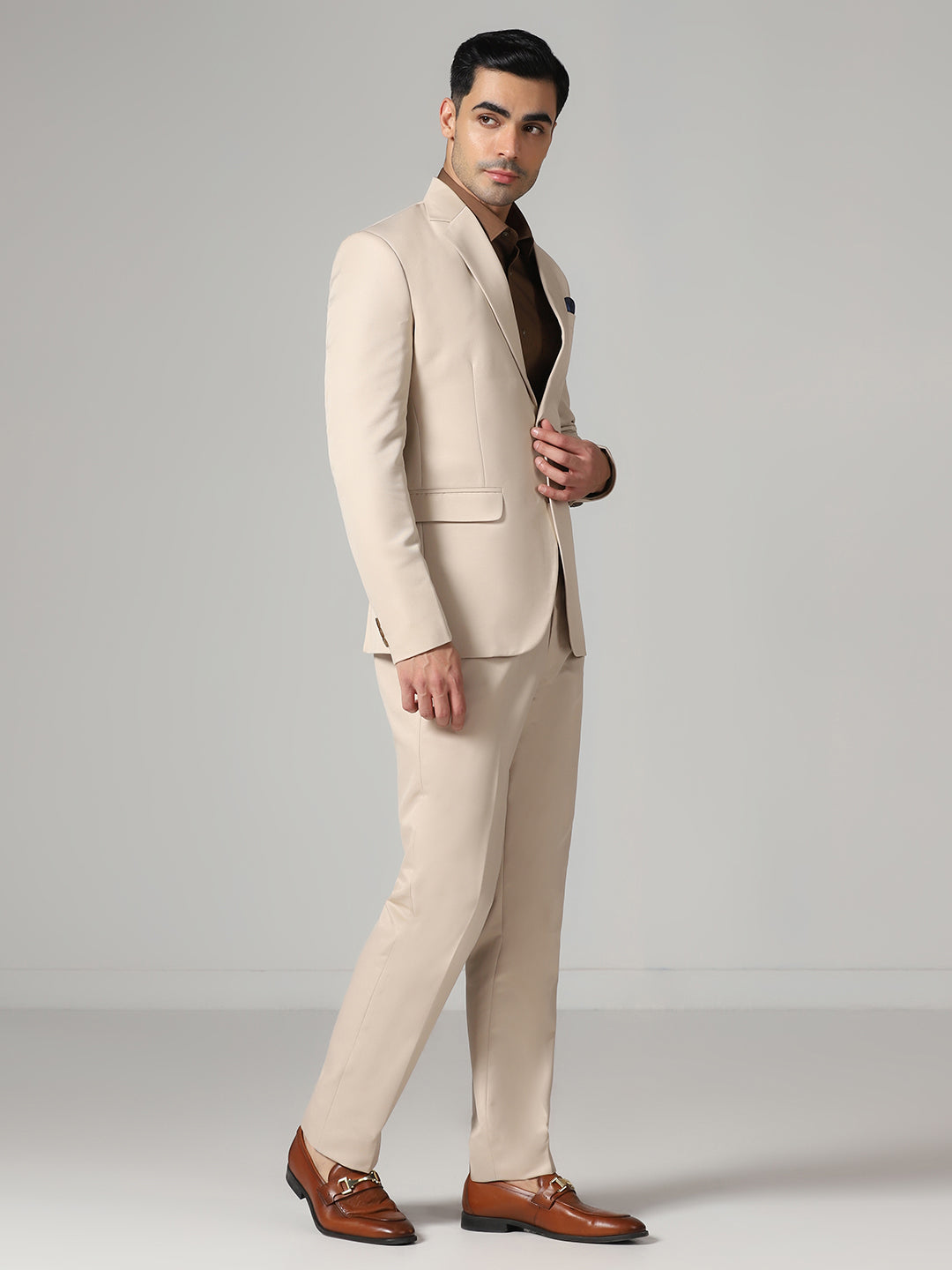 Men Beige Notched Lapel Suit