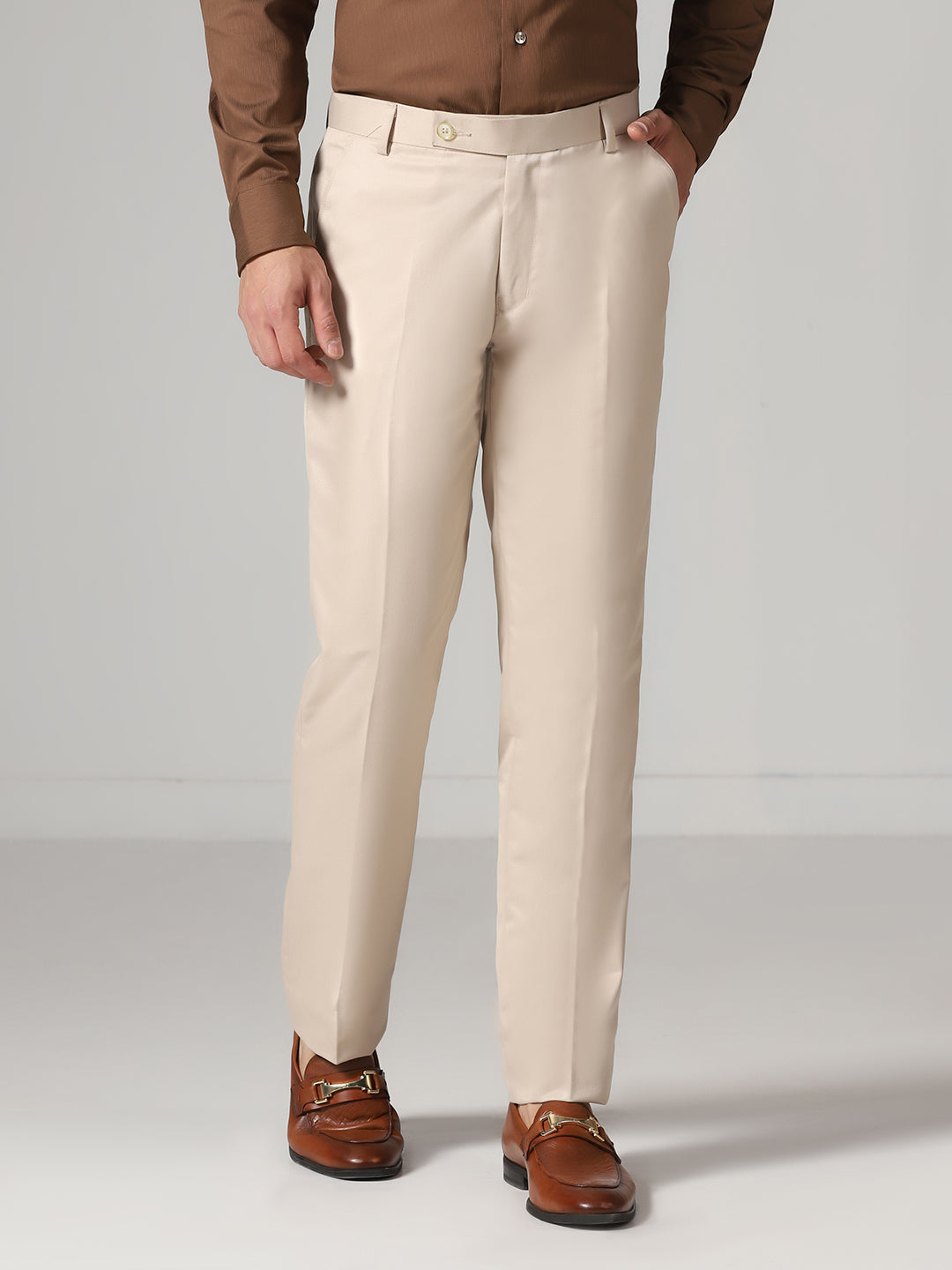Men Beige Solid Formal Trouser