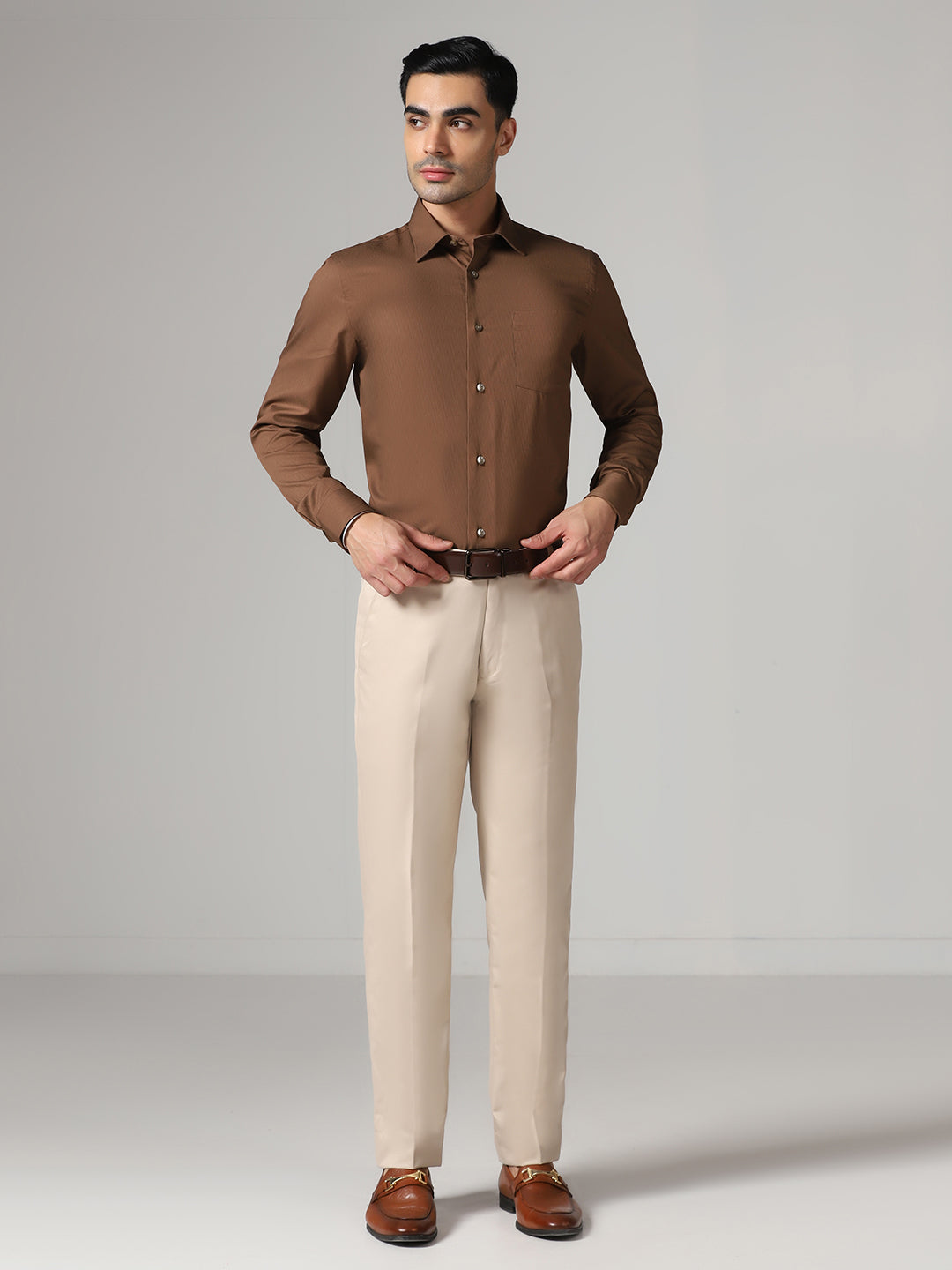 Men Beige Solid Formal Trouser
