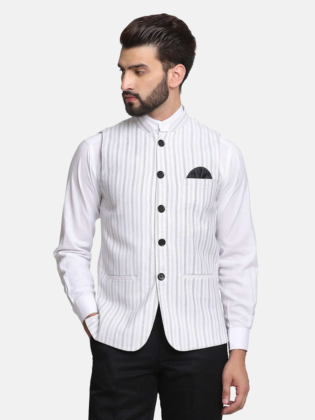Men Grey Stripes Nehru Jacket - Tahvo India