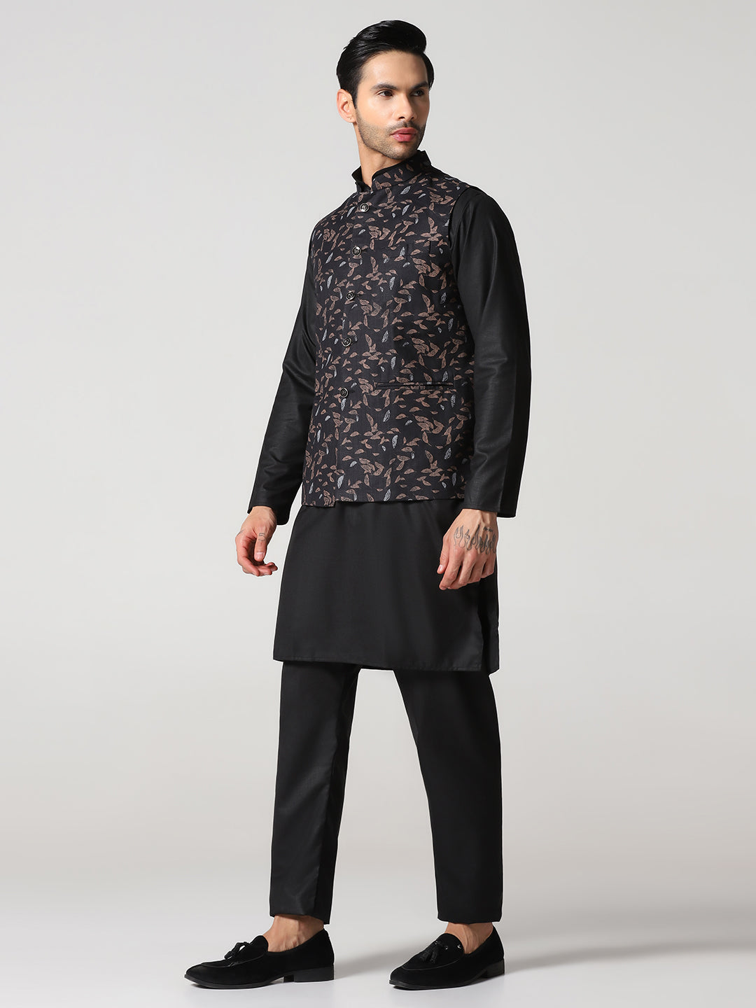 Black leaf nehru jacket kurta set