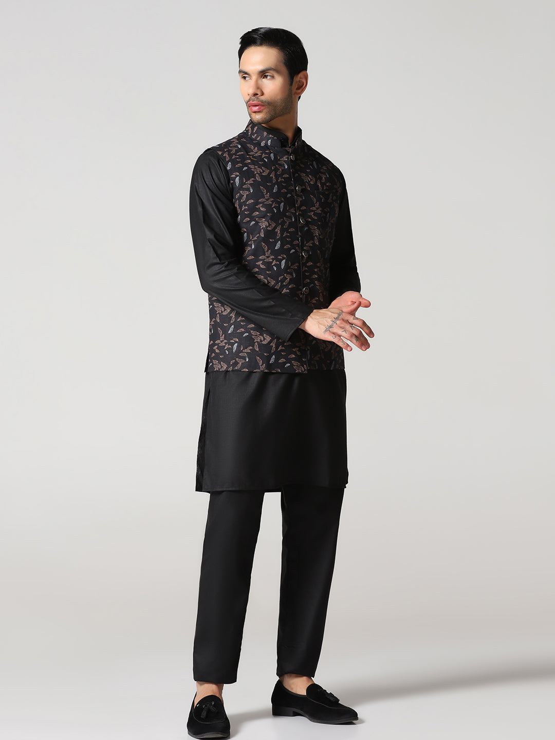 Black leaf nehru jacket kurta set