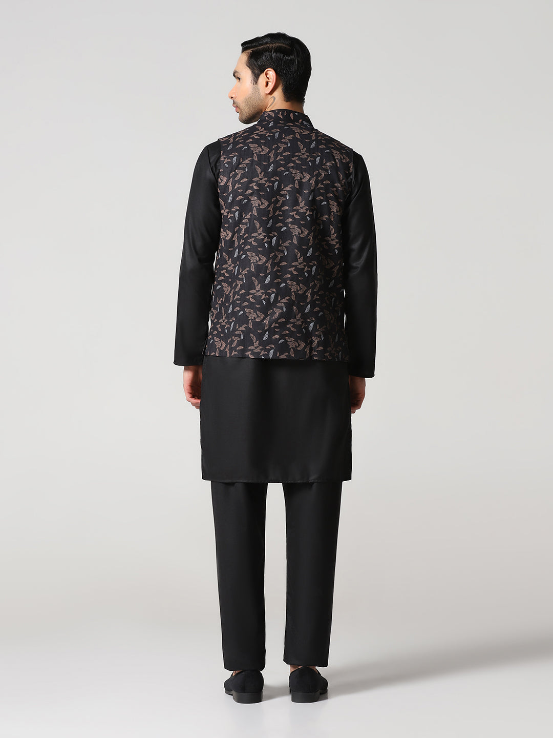 Black leaf nehru jacket kurta set