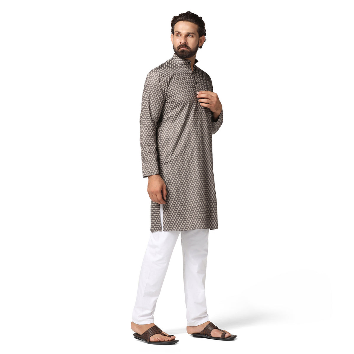 Men Brown Printed Kurta Set