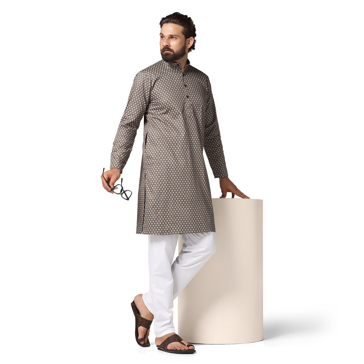 Men Brown Printed Kurta Set