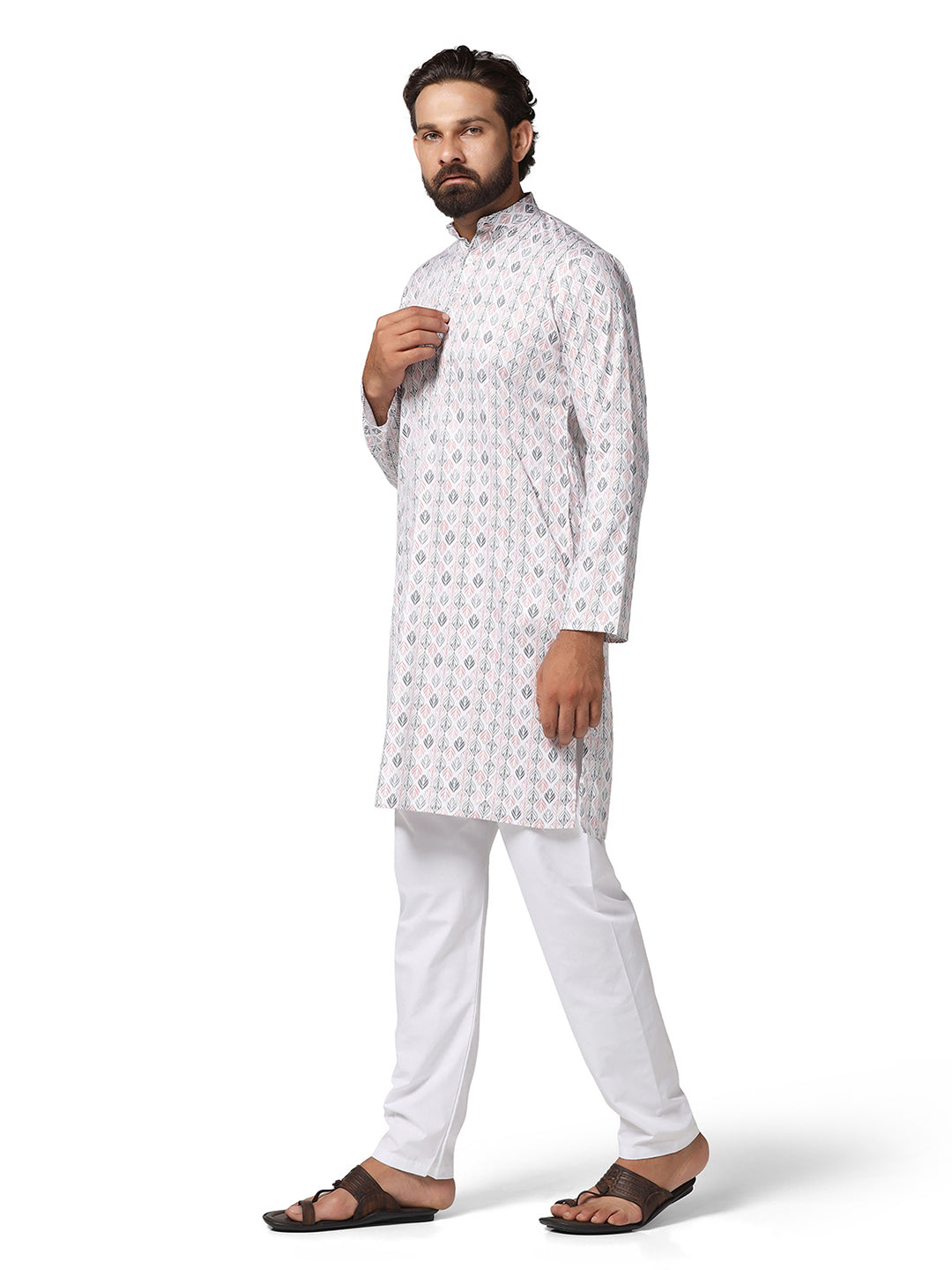 Men Pink Solid Printed Kurta Set - Tahvo India