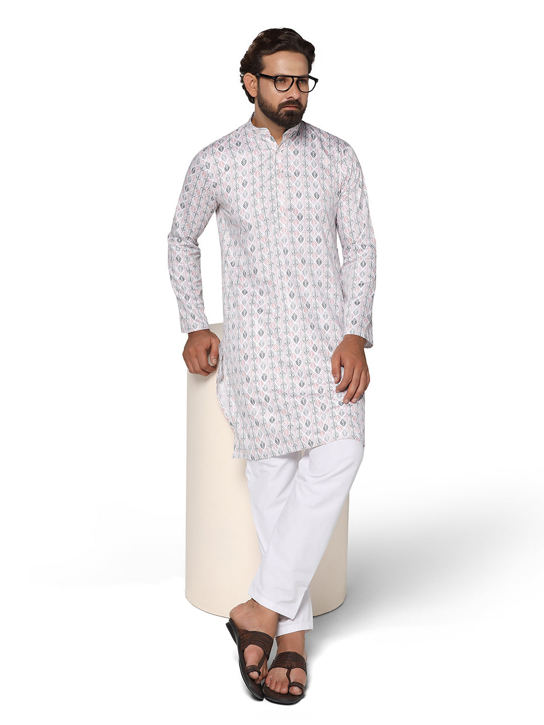 Men Pink Solid Printed Kurta Set - Tahvo India
