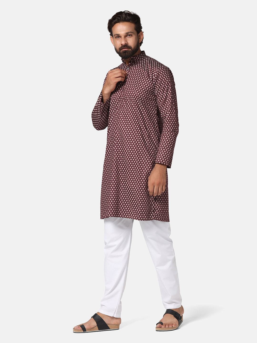 Men Maroon Solid Printed Kurta Set - Tahvo India