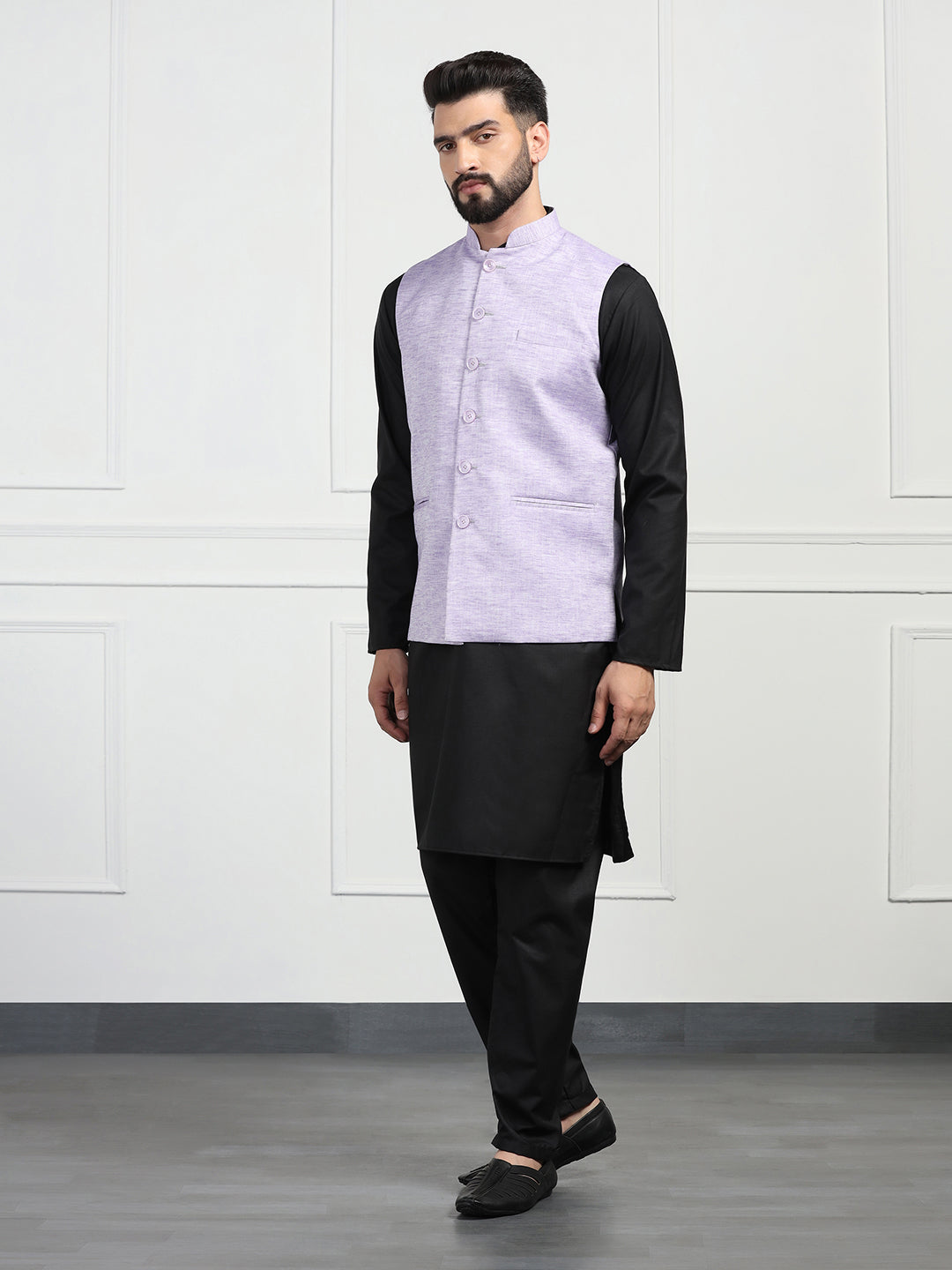 Men Linen Nehru Jacket With Black Kurta Pajyama - Tahvo India