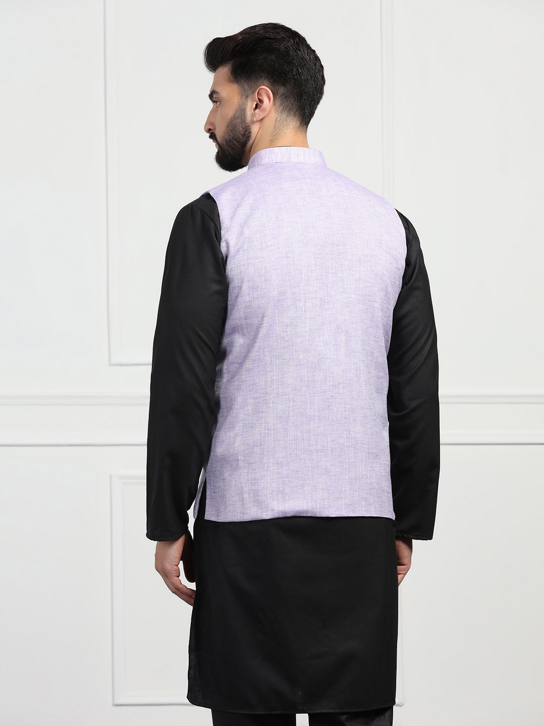 Men Linen Nehru Jacket With Black Kurta Pajyama - Tahvo India