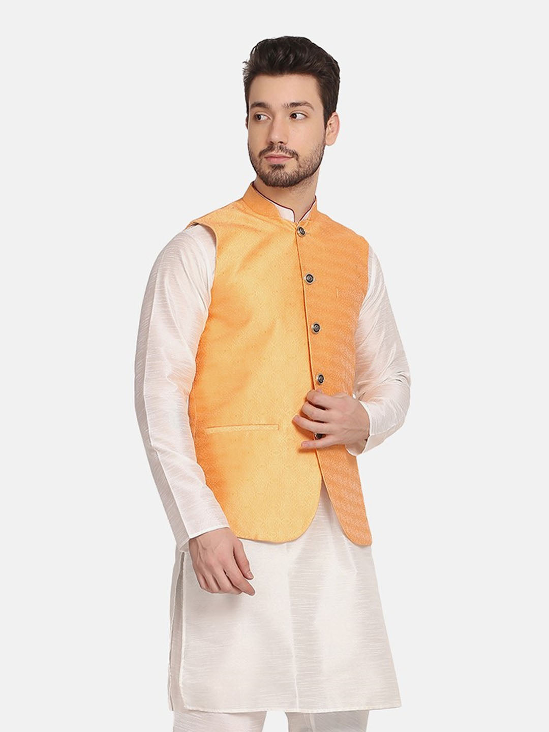 Men Orange Silk Blend Nehru Jacket - Tahvo India
