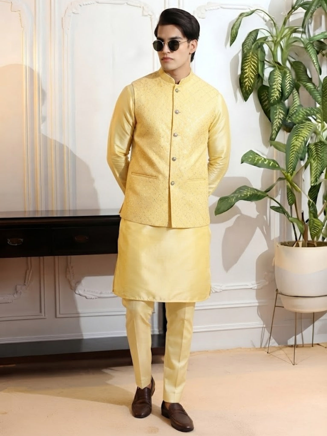 Men Yellow Embroidered Jacket With Kurta Pyjama