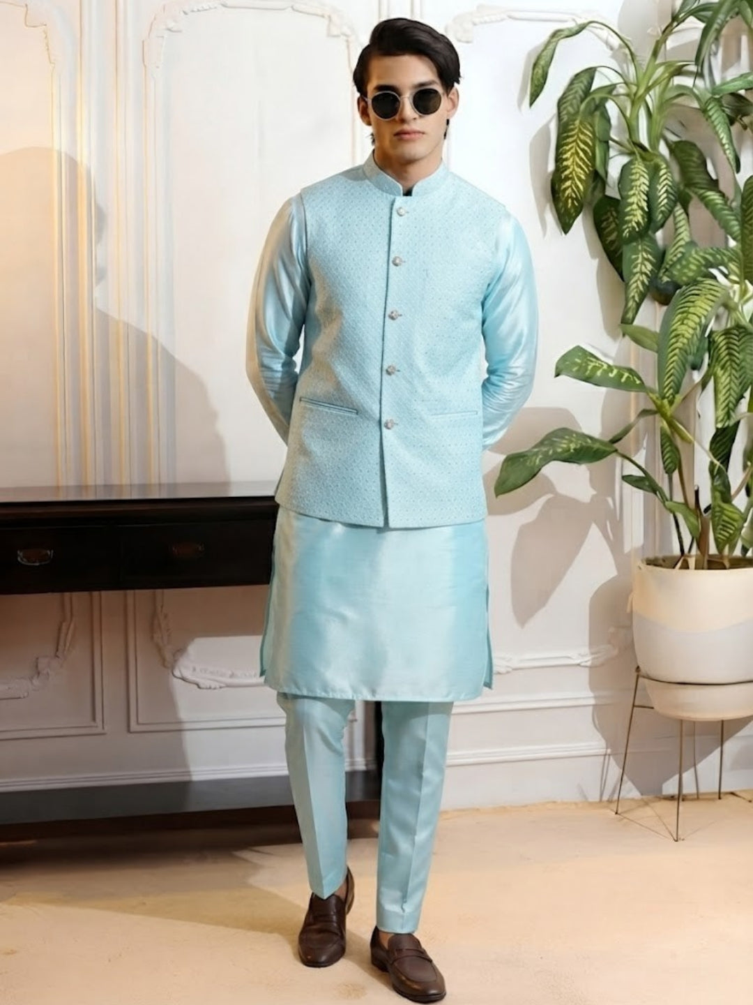 Men Blue Embroidered Jacket With Kurta Pyjama