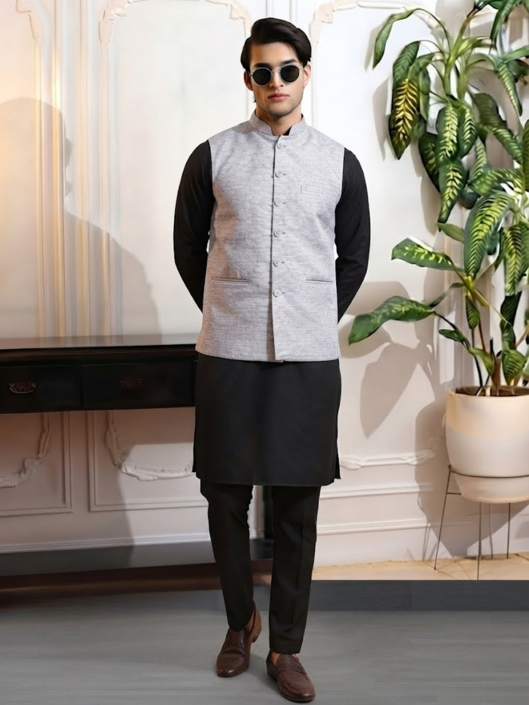 Men Linen Nehru Jacket With Black Kurta Pjyama