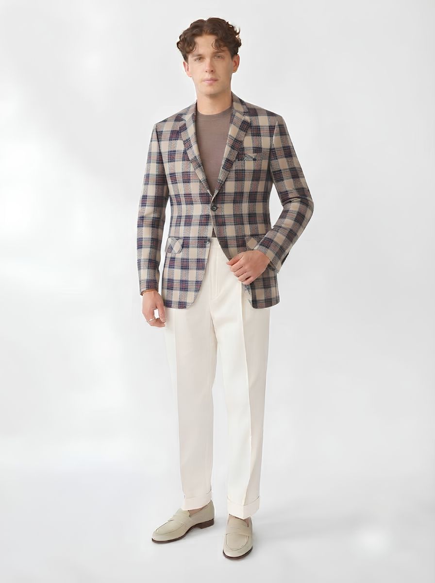 Mens Beige Checked Tweed Blazer