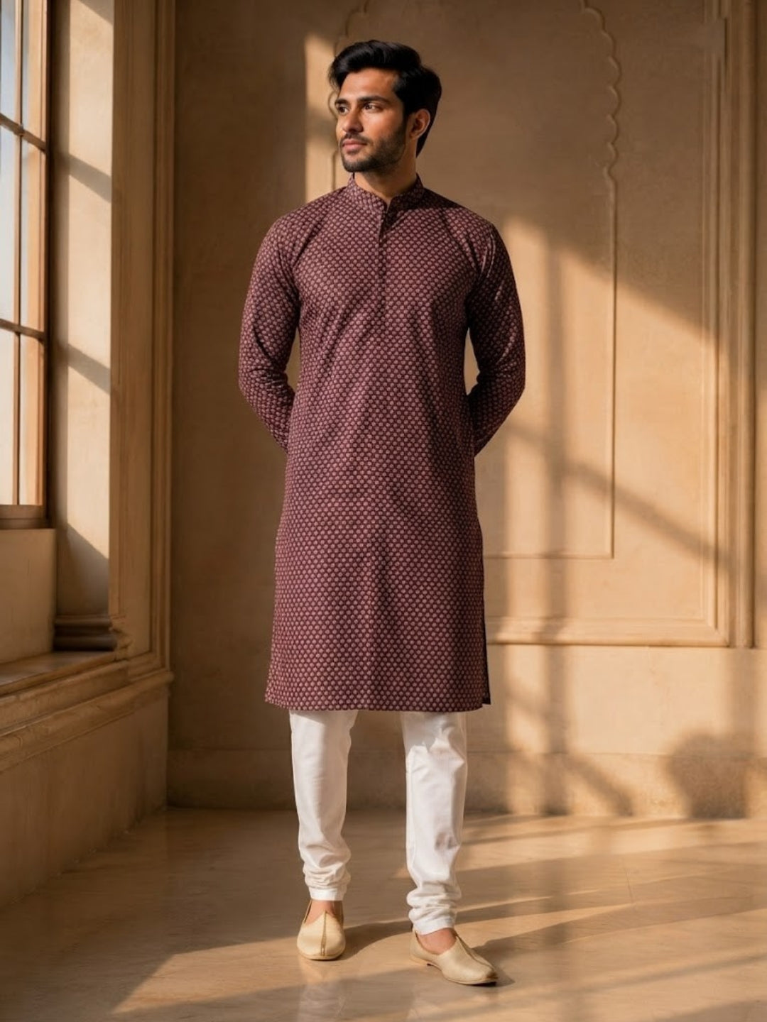 Men Maroon Solid Printed Kurta Set