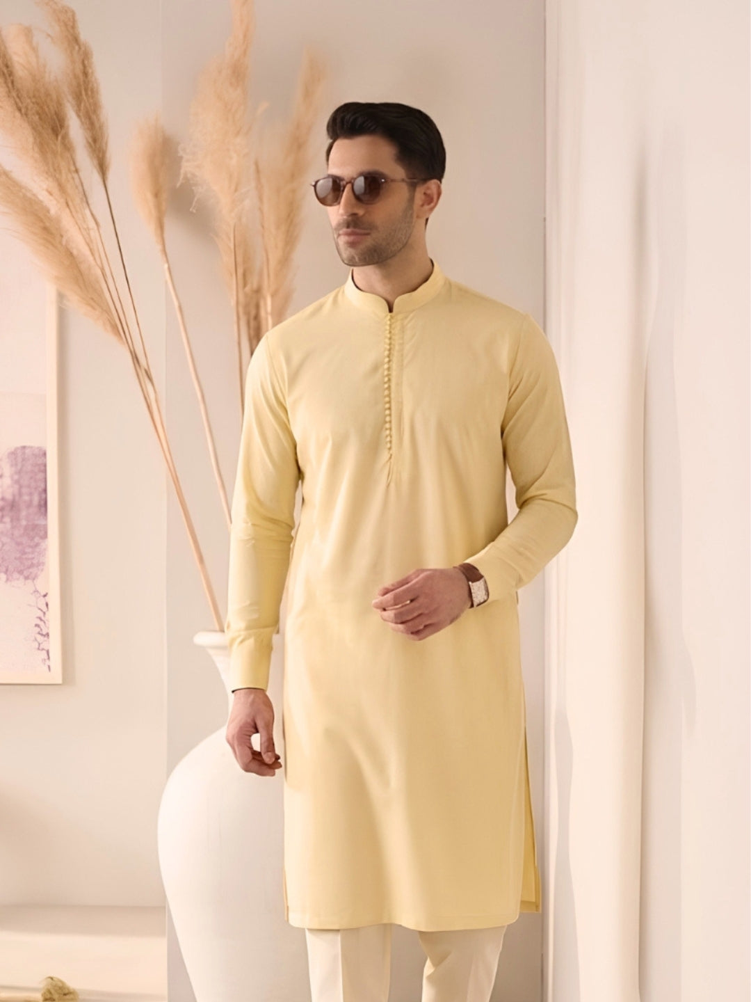 Yellow Kurta With Round Button Placket