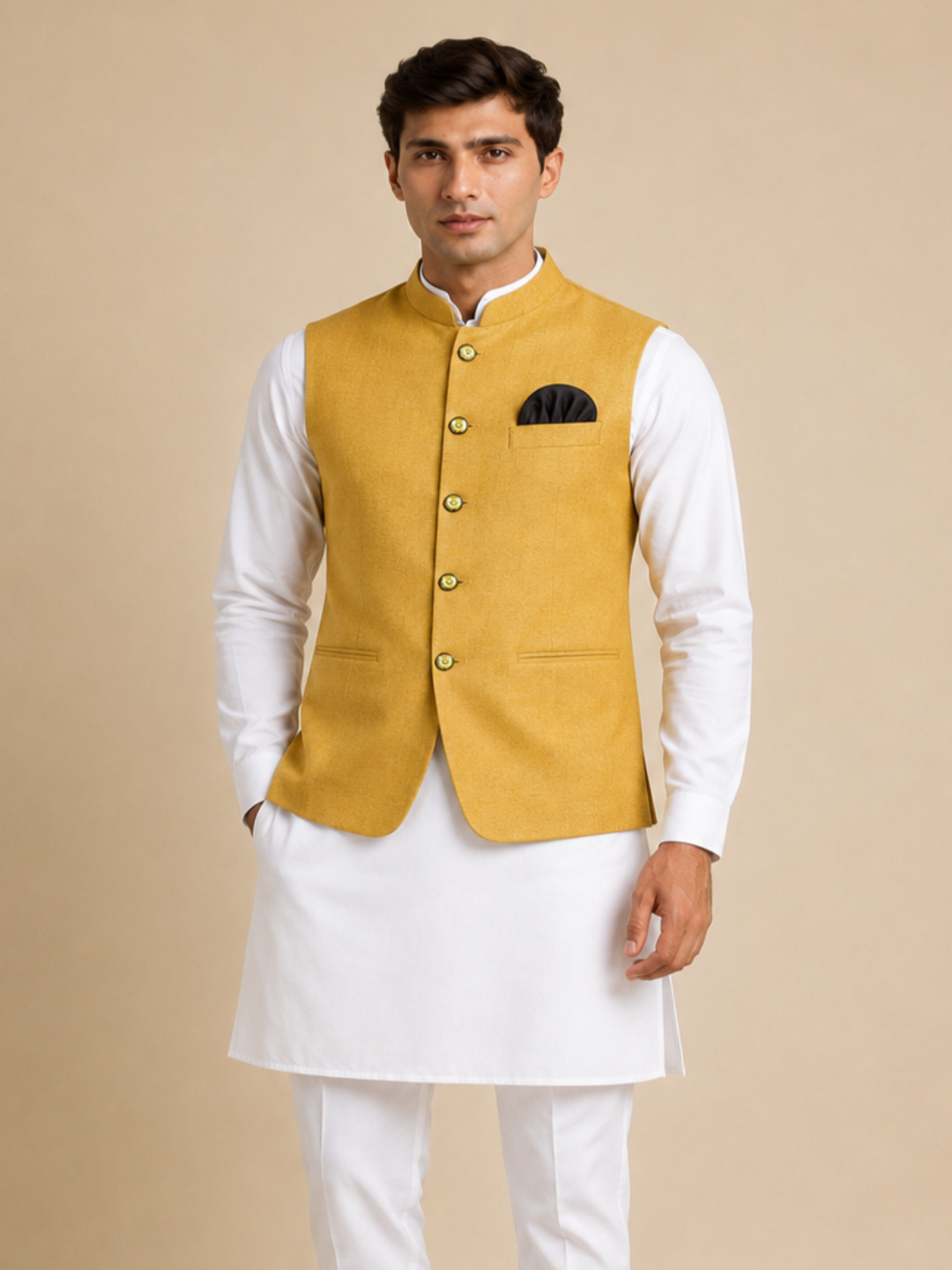 Men Yellow Solid Nehru Jacket
