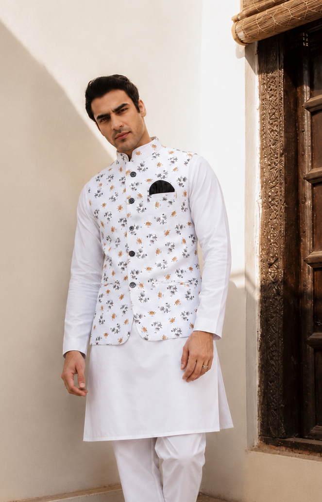 Men White Printed Nehru Jacket