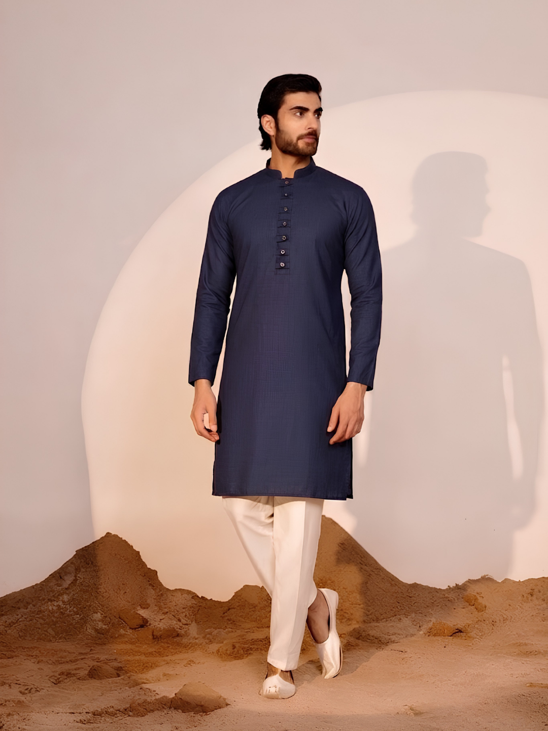 Men Navy Blue Casual Kurta Set